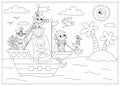 Vector black and white pirate ship scene. Line raider vessel with pirates sailing to the treasure island with palm trees. Treasure