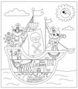 Vector black and white pirate ship scene. Raider vessel interior with pirates, cargo hold, cabin, captain. Line treasure hunt