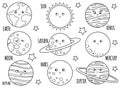 Vector black and white planets set for children. Outline illustration of smiling Earth, Sun, Moon, Venus, Mars, Jupiter, Mercury, Royalty Free Stock Photo