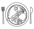 Vector black and white plate with traditional Thanksgiving meal, fork and knife. Outline roast turkey with cranberry sauce.