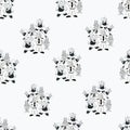 Vector black and white playful bunch of anthropomorphic characters seamless pattern background
