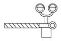 Vector black and white railroad barrier with traffic lights. Railway gate with semaphore line icon. Rail way stop sign or coloring