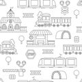 Vector black and white railway transport seamless pattern. Funny line railroad transportation repeating background with train, Royalty Free Stock Photo