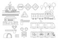 Vector black and white railway transport set. Funny line railroad transportation collection with train, steam train, road signs, Royalty Free Stock Photo