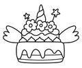 Vector black and white rainbow colored cake with unicorn horn, stars and wings. Fairytale themed birthday dessert. Cute magic Royalty Free Stock Photo