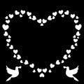 Vector vintage heart shaped border of hearts with loving doves couple pigeons silhouette