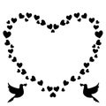 Vector black and white vintage heart shaped border of hearts with loving doves silhouette Royalty Free Stock Photo