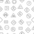 Vector black and white road signs seamless pattern. Line railway and traffic street repeating background. Cute highway rules