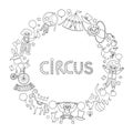 Vector black and white round frame border with circus characters, objects. Street show line card template design for banners with