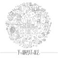 Vector black and white round frame with fairy tale characters, objects. Fairytale line card template design for banners,