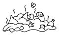 Vector black and white rubbish dump icon. Smelling waste heap line illustration. Trash pile coloring page. Organic, paper, metal,