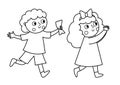 Vector black and white running little boy with ticket in hand and girl clapping hands. Outline kids looking forward to see show or