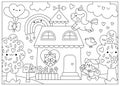 Vector black and white Saint Valentine day scene with cat family, unicorn, rainbow, house. Cute kawaii outline illustration with
