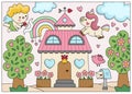 Vector black and white Saint Valentine day scene with cupid, unicorn, rainbow, house. Cute kawaii colored outlined illustration