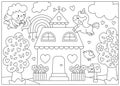Vector black and white Saint Valentine day scene with cupid, unicorn, rainbow, house. Cute kawaii line illustration with love