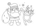 Vector black and white Santa Claus with sack, deer and snowflakes. Cute winter Father Frost illustration isolated on white Royalty Free Stock Photo