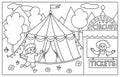 Vector black and white scene with circus marquee, boy running to the ticket box with clown. Street show line background. Cute