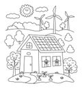 Vector black and white scene with eco house, wind turbines, solar panels. Environment friendly home line concept with trees. Royalty Free Stock Photo