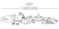 Vector black and white scene with traditional Thanksgiving or Christmas desserts and dishes on a table. Autumn line holiday