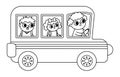 Vector black and white school bus with driver and passengers. Back to school educational line clipart. Flat public transport car. Royalty Free Stock Photo