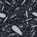 Vector black and white seamless food pattern. Vegetables, forks, knifes, spoons Royalty Free Stock Photo