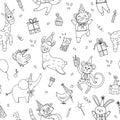 Vector black and white seamless pattern with animals in party hats. Birthday party celebration repeating background. Vector Royalty Free Stock Photo