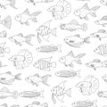 Vector black and white seamless pattern of aquarium fish Royalty Free Stock Photo