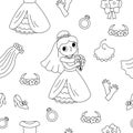 Vector black and white seamless pattern with bride clothes. Cute line repeat background with just married girl, dress, accessory.