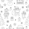 Vector black and white seamless pattern with Christmas elements, Santa Claus in red hat with sack, deer, fir tree, presents. Cute Royalty Free Stock Photo