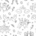 Vector black and white seamless pattern with cute animal pairs. Repeating background with loving couples. Love relationship Royalty Free Stock Photo