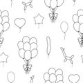 Vector black and white seamless pattern with cute balloons. Funny repeating background with birthday presents. Line holiday Royalty Free Stock Photo