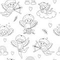 Vector black and white seamless pattern with cute cupids. Repeating background with funny ValentineÃ¢â¬â¢s day characters. Digital Royalty Free Stock Photo