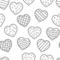 Vector black and white seamless pattern with cute decorated hearts. Repeating background with Saint ValentineÃ¢â¬â¢s day symbols. Royalty Free Stock Photo