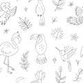 Vector black and white seamless pattern with cute exotic birds, leaves, flowers. Funny tropical background with animals and plants Royalty Free Stock Photo