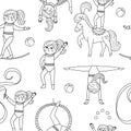 Vector black and white seamless pattern with gymnast girls with hoop, horse, ribbon. Line repeat background with cute funny Royalty Free Stock Photo