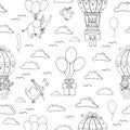 Vector black and white seamless pattern with hot air balloons, cute animals, birds, clouds. Holiday repeating background with Royalty Free Stock Photo