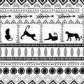 Vector Black white seamless pattern with ornaments and leopards, African style, oriental art
