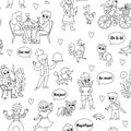 Vector black and white seamless pattern with people of France. Repeating line background with French men, animals, phrases. Cute