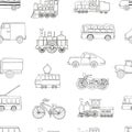 Vector black and white seamless pattern of retro engines and transport