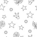 Vector black and white seamless pattern with rose, stars, crowns, gems. Simple outline fairy tale princess repeat background.