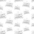 Vector Black and White Seamless Pattern, Sandwiches Background, Hand Drawn Illustration, Light Outline Sketches.