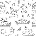 Vector black and white seamless pattern with traditional Christmas desserts and dishes. Cute funny line repeating background new