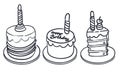 Vector black and white set with birthday cakes, candles and cupcakes. Cute outline meal or candy bar elements. Funny Royalty Free Stock Photo