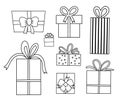 Vector black and white set of cute presents with bows. Funny birthday or Christmas gift boxes collection. Bright holiday