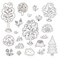 Vector black and white set with garden or forest trees, plants, shrubs, bushes, flowers. Outline spring woodland or farm