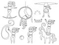 Vector black and white set with gymnast girls with hoop, horse, ribbon. Cute funny acrobat. Circus or sport artist outline clipart Royalty Free Stock Photo