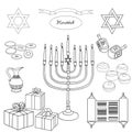 Vector black and white set of Hanukkah objects. Royalty Free Stock Photo