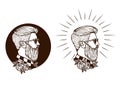 Vector black and white set of hipster labels. Silhouette of hipster guy in profile for barber shop.