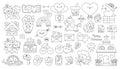 Vector black and white set of Saint Valentine day elements with cupid, unicorn, hearts, cats, rainbow, perfect match. Cute funny