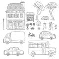 Vector black and white set of sketch illustration vintage European home, trucks and cars, coming people. Kit of outdoor